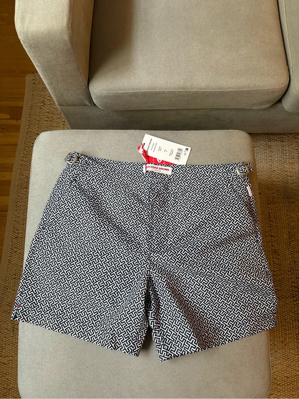 Orlebar Brown Bulldog Mid-Length Swim Trunks in Navy and White Geometric